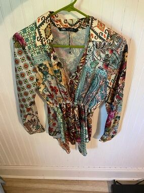 Zara Multicolor Patterned Long-Sleeve Peplum Blouse